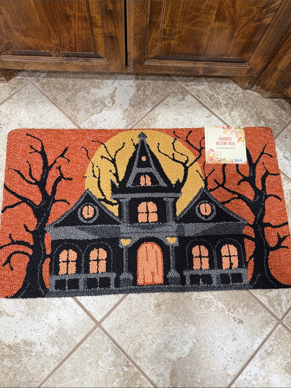 Hooked Accent Rug - Halloween Haunted House in Orange and Black